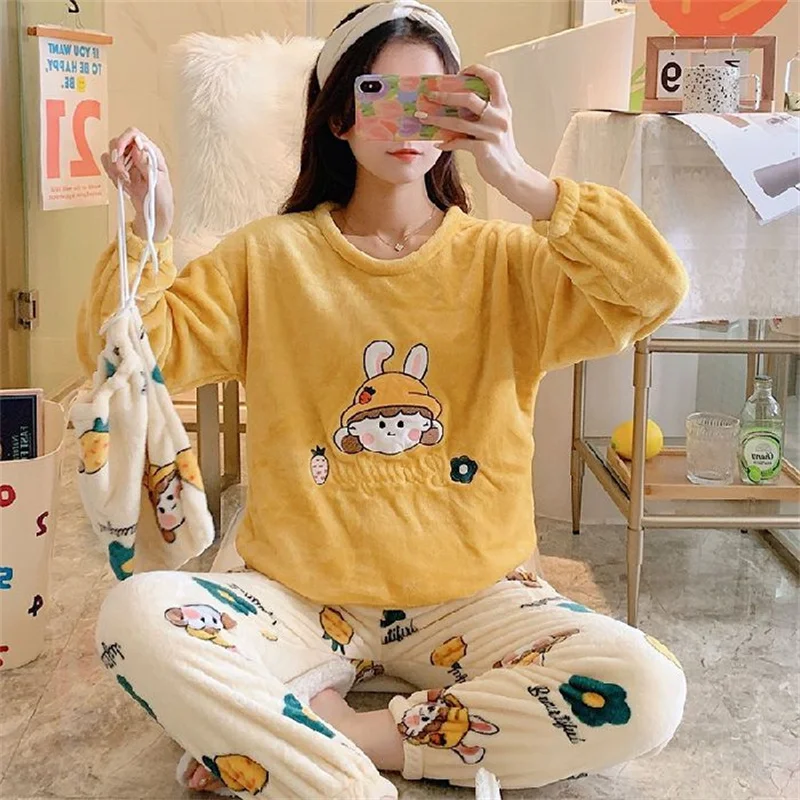 3PCS/Set Pajamas Set Casual Sleepwear For Women Warm Full Cartoon Pyjama Women's Flannel Winter Fashion/Autumn Soft Homewear