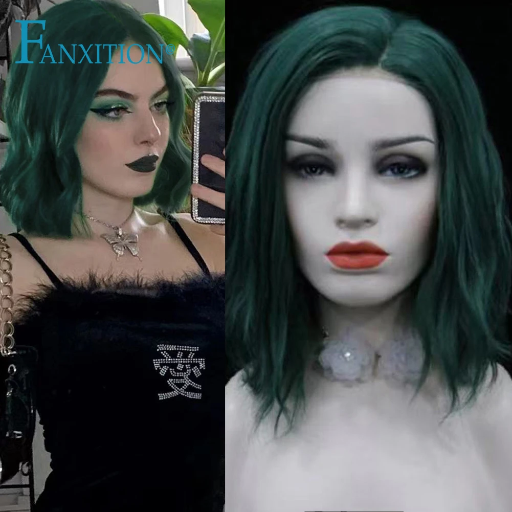 

FANXITION Synthetic Lace Front Wigs Pelucas De Mujer High Temperature Fiber Green Color Bob Body Wave Wigs For Black Women