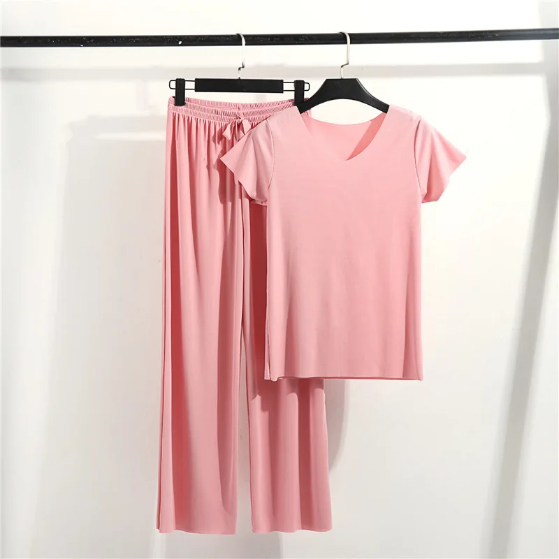 

Modal V-neck T-shirt Sleep Tops Sleepwear Casual Short-sleeved Pajamas Two-piece Set Women's Summer Wide Leg Pants Trouser Suits