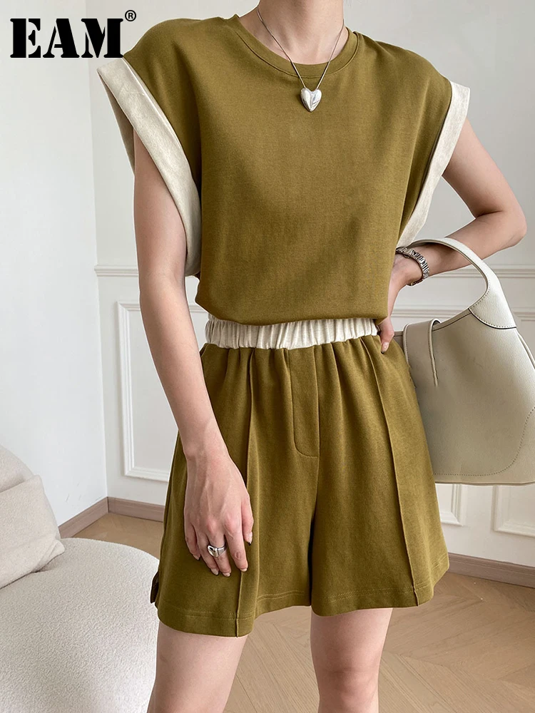 

[EAM] Wide Leg Shorts T-shirt Big Size Two Piece Suit New Round Neck Short Sleeve Women Fashion Tide Spring Summer 2023 1DF8804