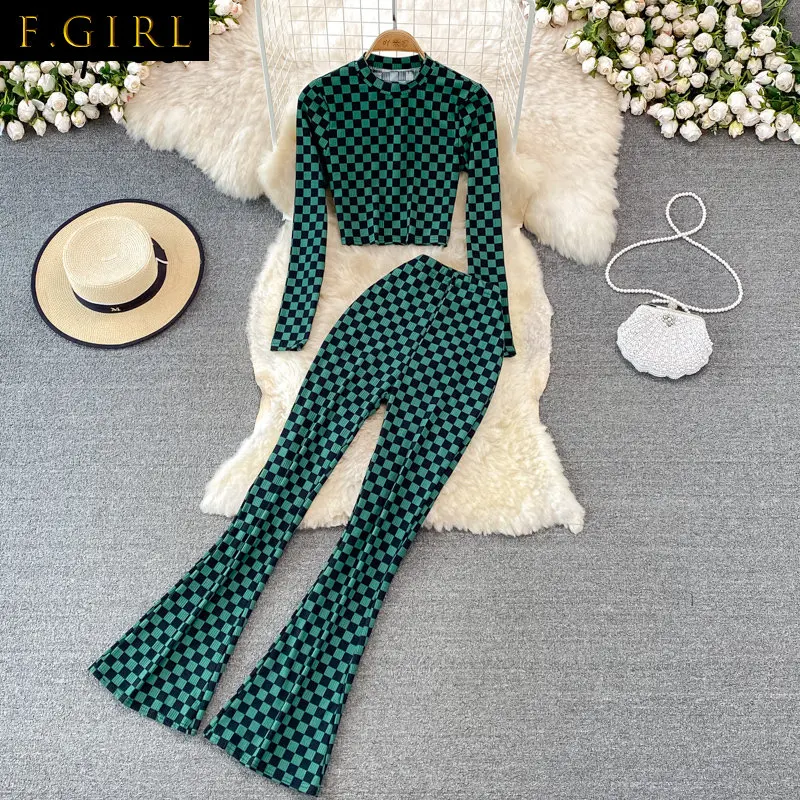 F GIRLS Casual Fashion Two Piece Suit Women Long Sleeve Cropped Tops + High-waist Plaid Straight Drape Horn Long Pants Female