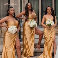 gold bridesmaid dresses for african women sweetheart one shoulder formal party dress for black girls sexy high slit long dress