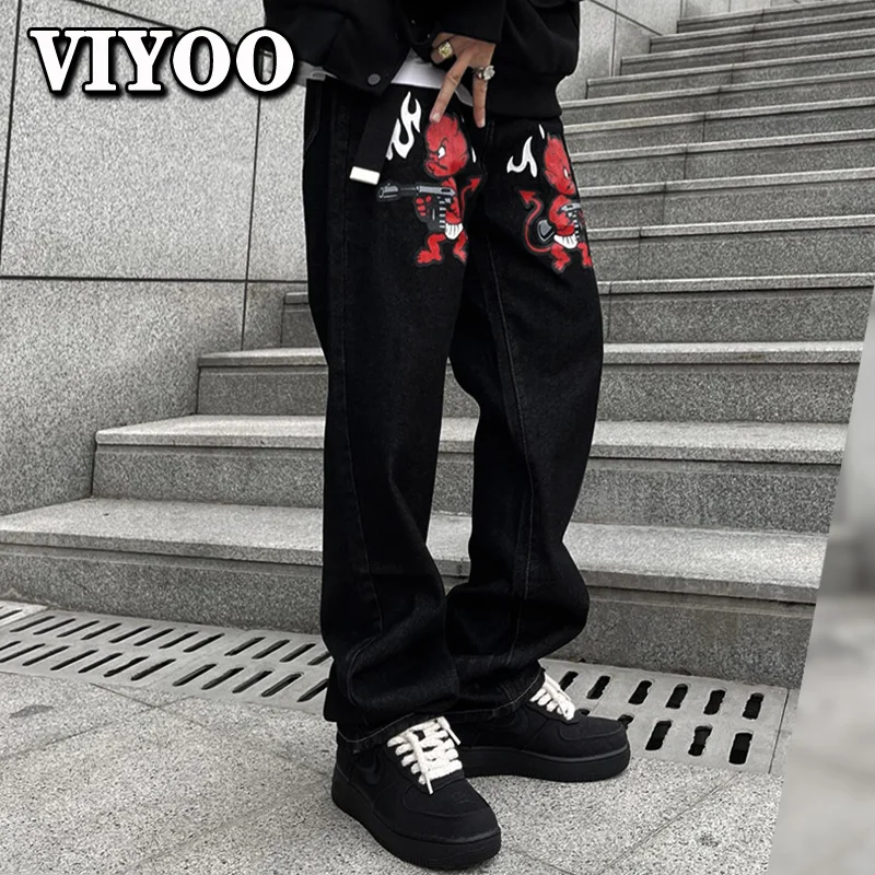 Y2K Clothes Men Women Baggy Printed Straight Denim Washed Trousers Ripped Baggy Wide Leg Jean Pants Streetwear Clothes Korean
