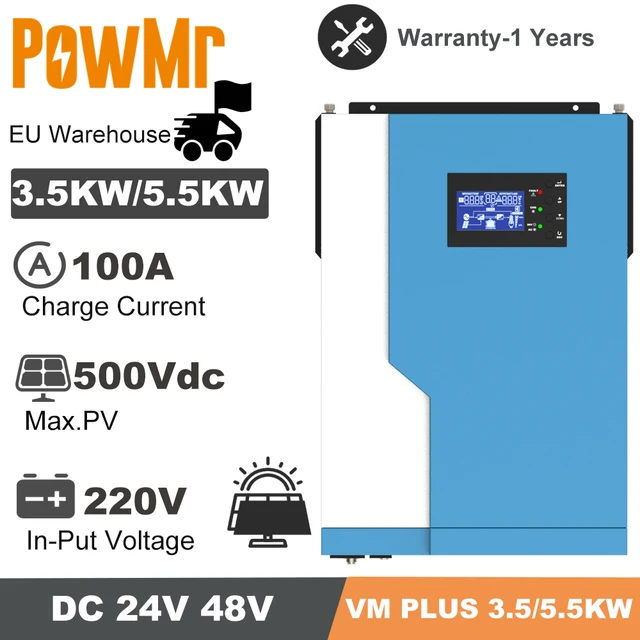Powmr 3.5kw 5.5kw pure sine wave solar inverter buit-in 100a mppt charger 24v 48v and pv 500v hybrid inverter with wifi monitor