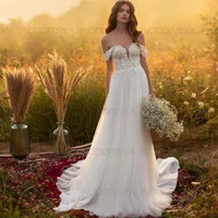 2021 bohemian a line wedding dresses lace top off shoulder long tulle bridal gowns vestido de novia train