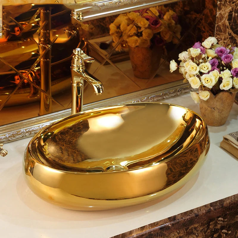 

Golden oval ceramic basin art basin European toilet basin modern retro wash basin