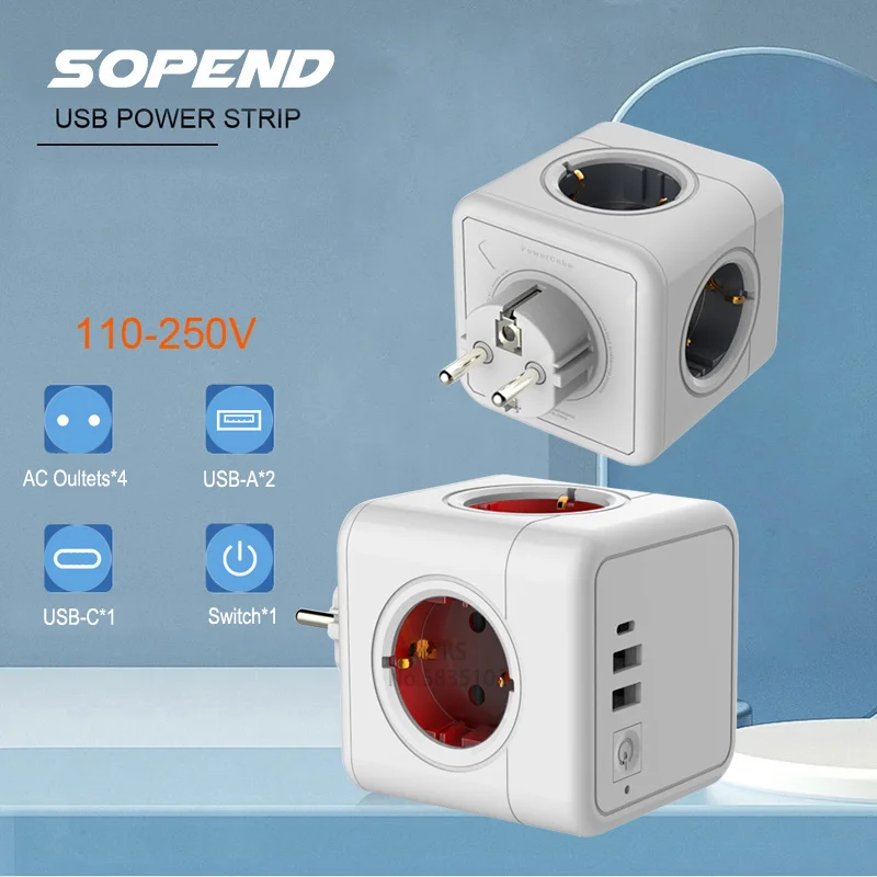 Sopend EU Wall Socket Cube Power Strip with 4 AC Outlets 3 USB C Charging Ports Multiple Electric Socket Adapter for Home Travel