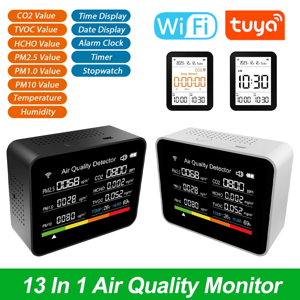 

Tuya Indoor Air Quality Tester 13in1 with WiFi Air Quality Monitor for CO2 TVOC HCHO PM2.5 PM1.0 PM10 Temperature Humidity More