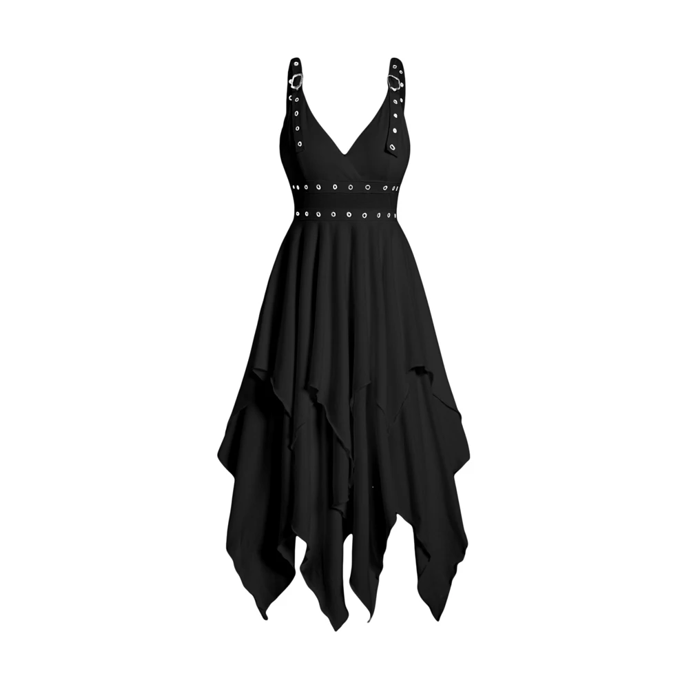 

Plain Color Layered Dress Grommet Plunging Neck Empire Waist Adjustable Strap Asymmetrical Midi Dress