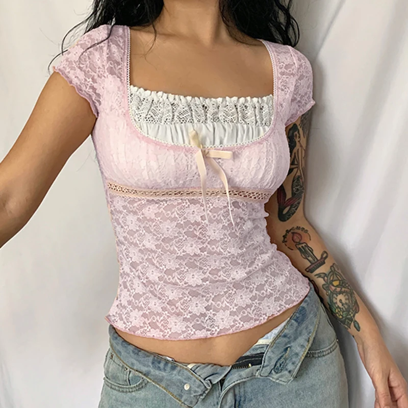 

Rapcopter y2k Pink Trim Crop Top Bow Cute Sweet T Shirt Women Retro Short Sleeve Lace Patched Summer Tee Prepply Korean Tshirt