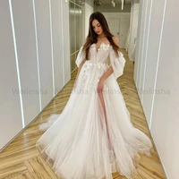 weilinsha sexy asymmetrical white bridal gowns off shoulder v neck 3d flower tulle wedding dresses 2022 summer robe de mari%c3%a9e