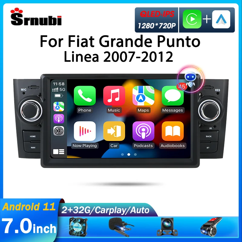 Srnubi 7 Inch Android 12 2+32GB Car DVD For Fiat Linea Grande Punto 2007 - 2012 Auto Carplay GPS Navigation Multimedia Player