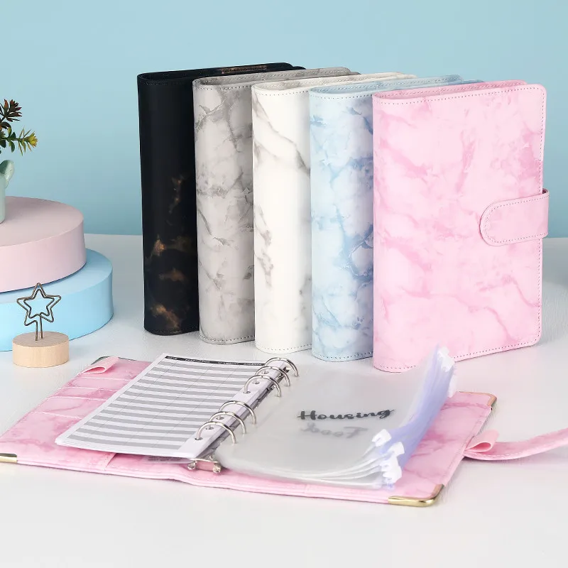A5/A6 Marble Pattern Binder Notebook Leather Surface Can Play Golden Corner Travel Diary Hand Account Book Office Stationery