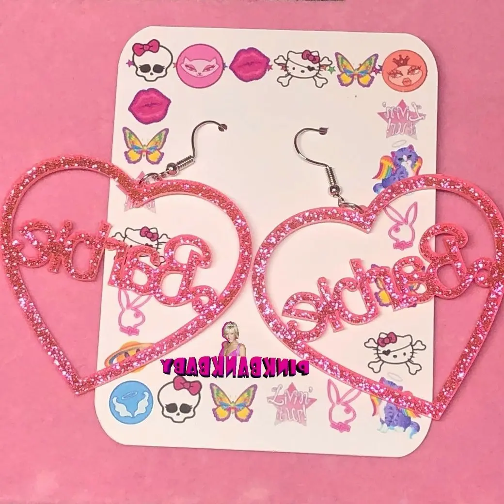 

Millennium Spice Girl Y2K Acrylic Heart Letters Pink Flash Earrings Hook Earrings Personality Exaggerated Gift Party