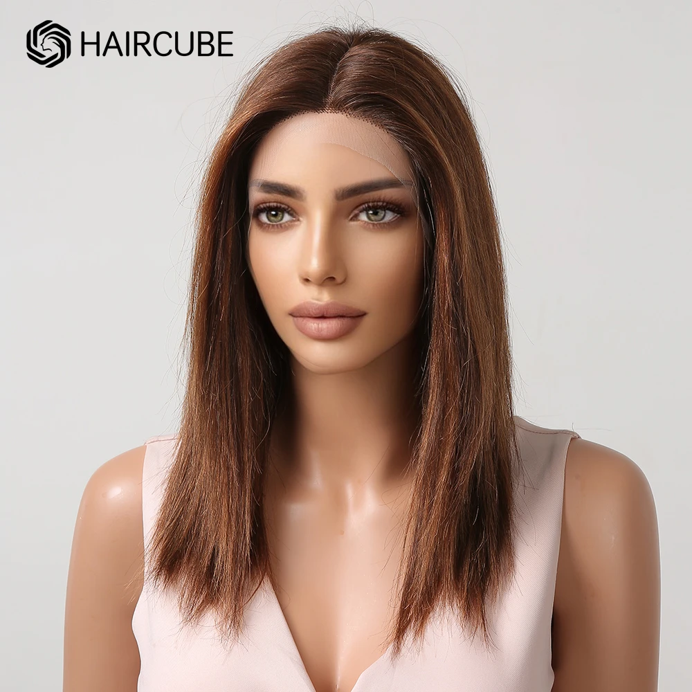 Mixed Ginger Brown Golden Highlight Human Hair Lace Front Wig Shoulder Length Middle Part Straight Bob Wigs for Women HAIRCUBE