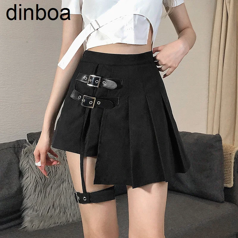 

Dinboa-2022 Black Leg Y2k Ring Asymmetrical Pleated Skirt Lining Metal Buckle High Waist Slim and Fresh Short Skirt