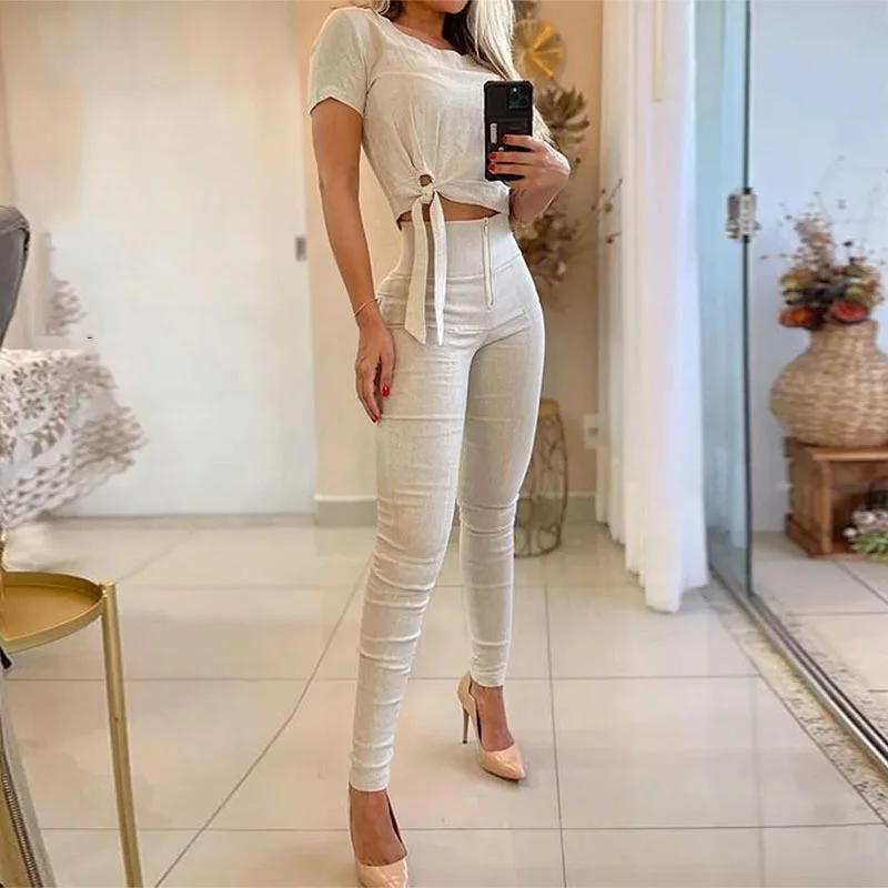 

2023 Summer Round Neck Short Sleeve High Waist Pants Set Personalized Lace Up Short Top
