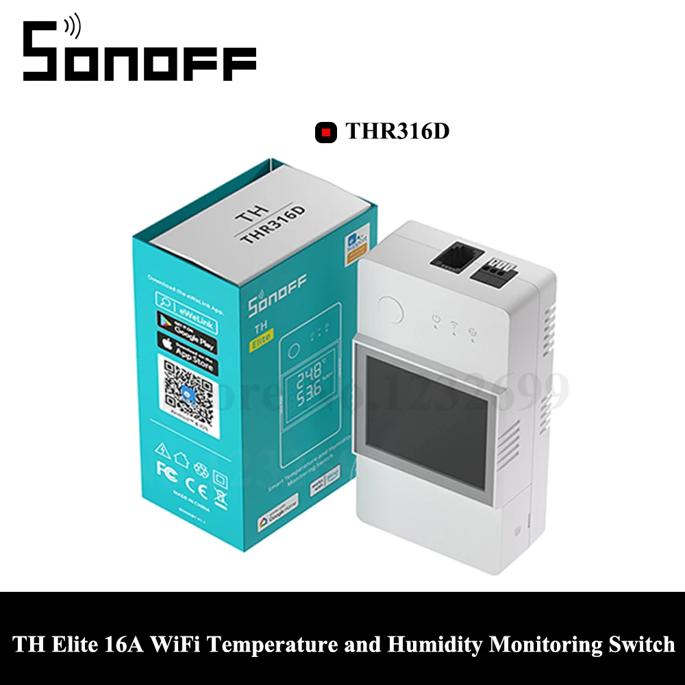 

SONOFF TH Elite 16A WiFi Smart Switch Smart Home Temperature Humidity Monitoring Switch Work with WTS01/ THS01 MS01 RL560 Sensor