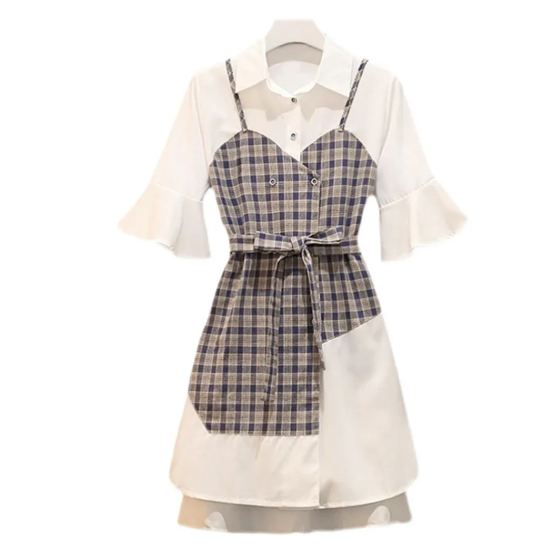 

Summer Women Plus Size 3XL Midi Chiffon Dress Elegant Plaid Splicing Short Sleeve Party High Waist Bandage A Line Loose Vestidos