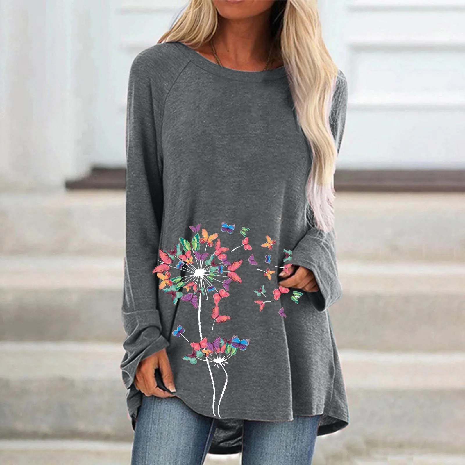 

Womens Casual Crew Neck Raglan Dandelion Printing Long Sleeve Tshirts Blouse Top Soft Cotton Long Sleeve T Shirt Women