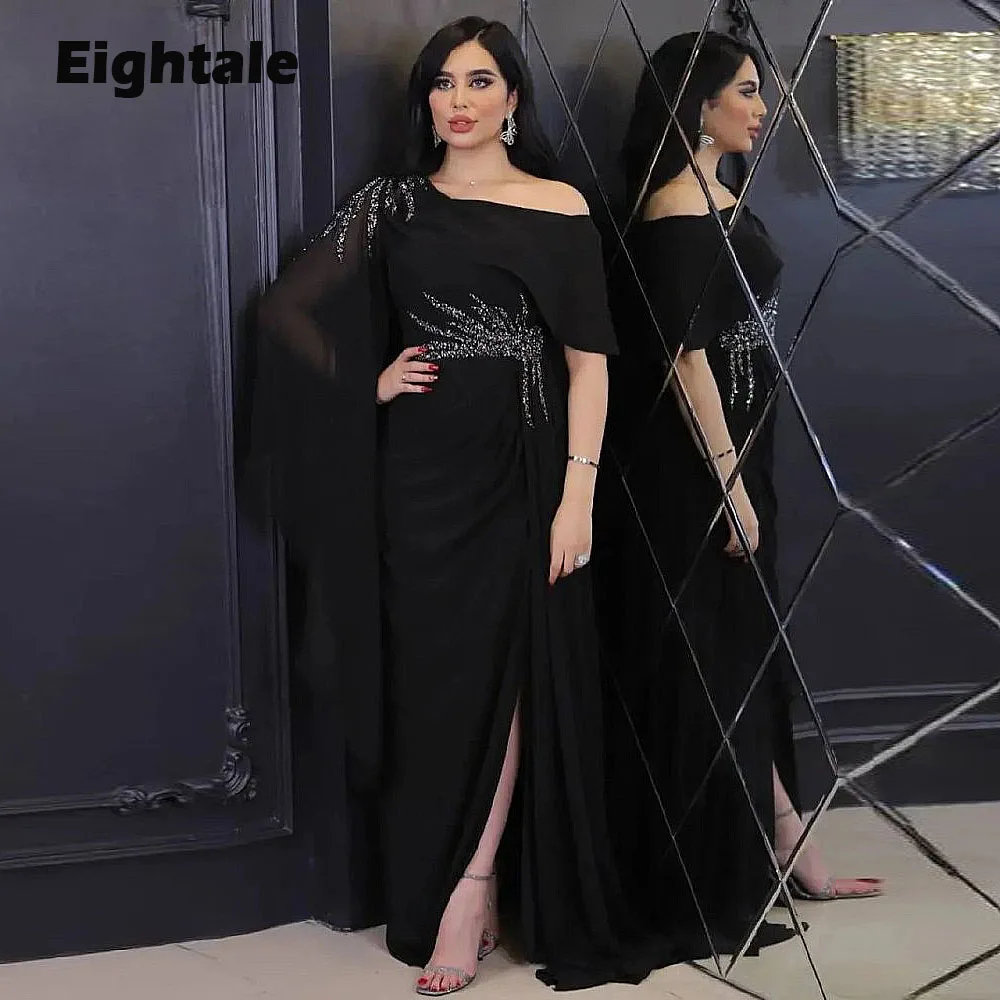

Eightale Dubai Evening Dresses for Wedding Party Beaded Chiffon Side Slit Mermaid Cap Sleeves Formal Occasion Arabic Prom Gowns