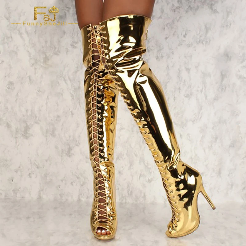 

Gold Stiletto Heel Thigh High Lace Up Boots
