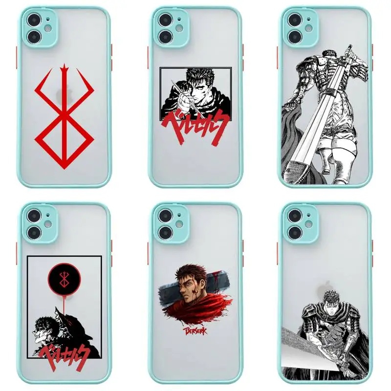 

Anime Berserk Guts Phone Case For iphone 13 12 11 Pro Max Mini XS 8 7 Plus X SE 2020 XR Matte Transparent Light blue Cover