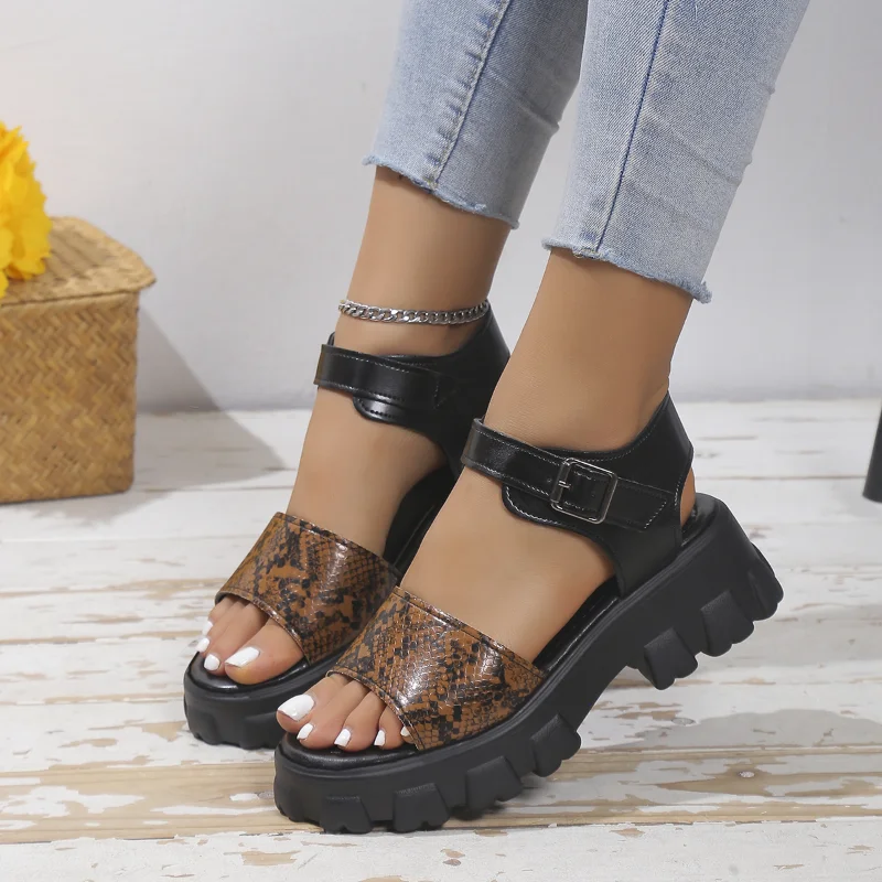 

Women's Gladiator Sandals 2023 Summer Fashion Women's Sandals Platform Snakeskin Print Open Toe High Heel Buckle Sandals