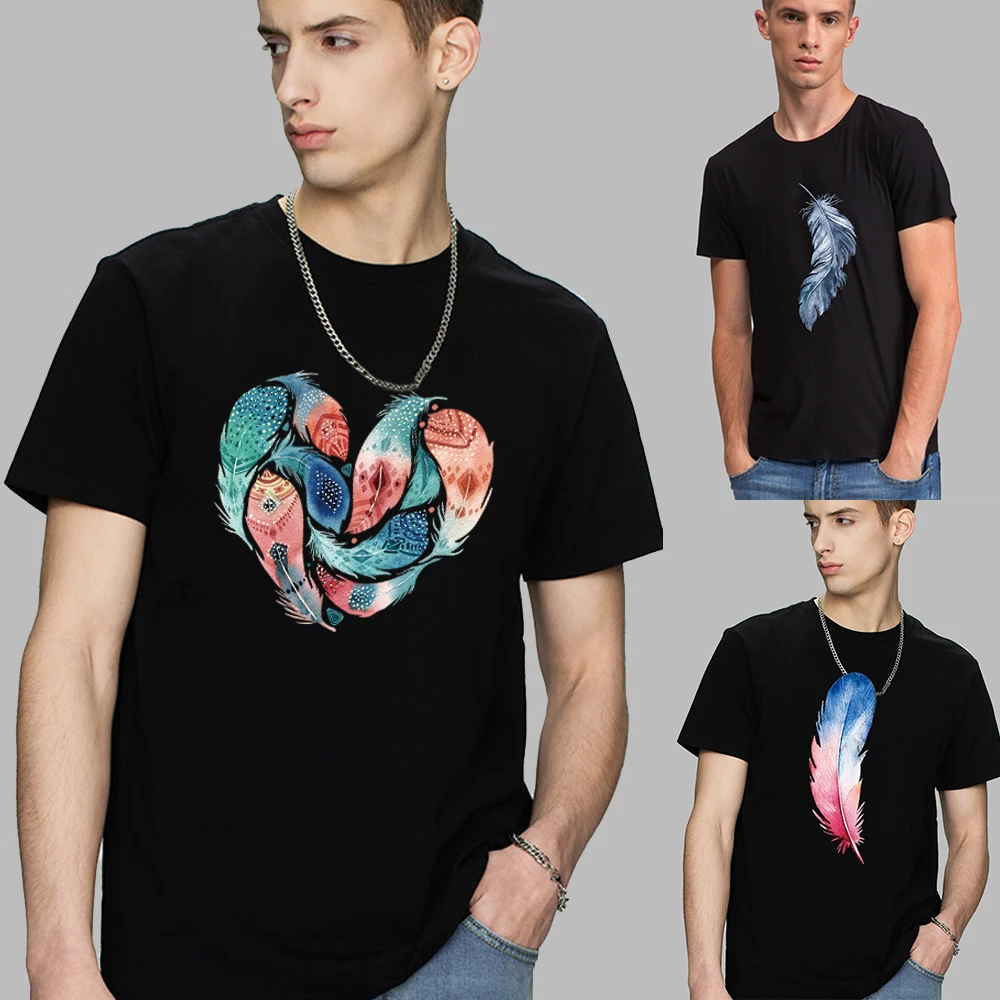 

Short Sleeve T-Shirt O-Neck Feather Print Men Summer Hip Hop Loose Casual Streetwear Harajuku Clothes Sports Breathable Shirt