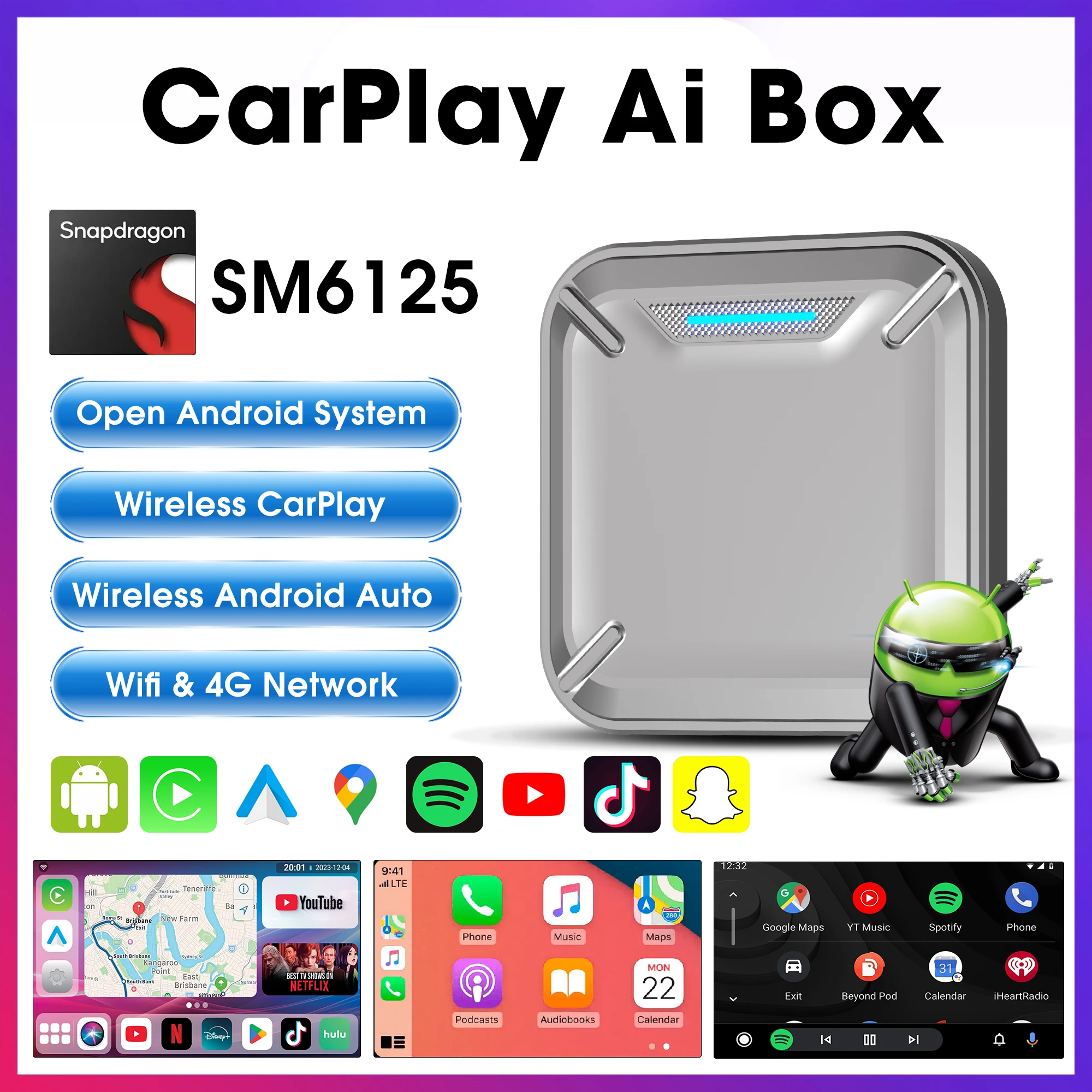 YolanAuto Wireless CarPlay Ai Box QCM6125 8 ГБ + 128 Android Auto Smart Multimedia Video Поддержка Netflix YouTube и GooglePlay