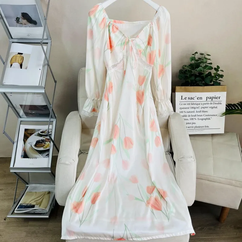 Female Long Nightgown Sleepwear Retro French Palace Style Nightdress Bathrobe Gown Loose Print Flower Lace Home Wear Nightwear