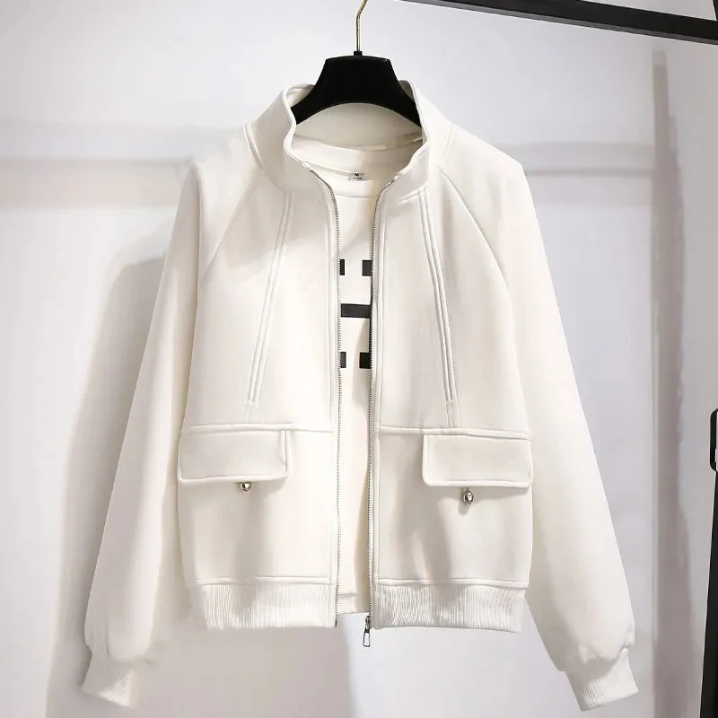 

Casual Grey Cropped Jackets Women Fashion Stand-Up Collar Classic Spring Chaqueta Mujer Solid Zipper Cotton Korean Veste Femme