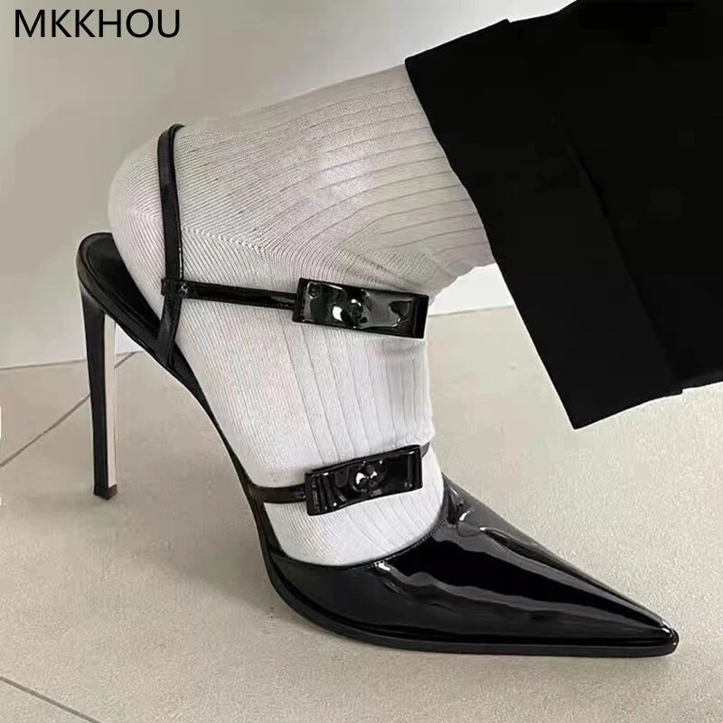 

Сандалии MKKHOU женские кожаные, высокий тонкий каблук 9 см, заостренный носок, модные туфли для приема/банкета