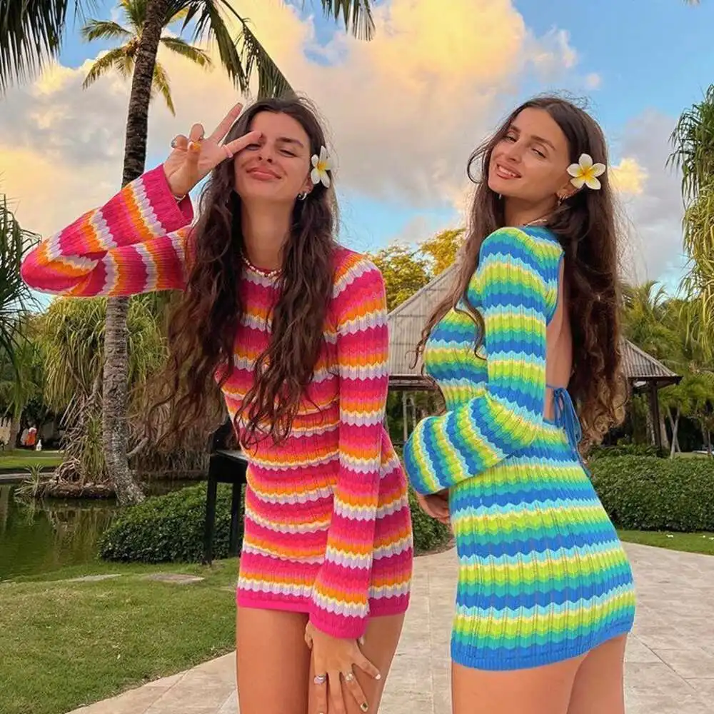 

Caihong Apparels Style Summer Lace Up Hollowed Out Candy Colored Long Sleeved Dress For Women