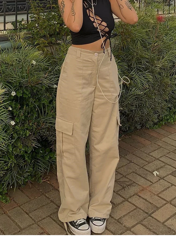 

Vintage Cargo Pants Overalls Baggy Jeans Women Fashion 90s Streetwear Big Pockets Wide High Waist Y2k Straight Denim Trouse