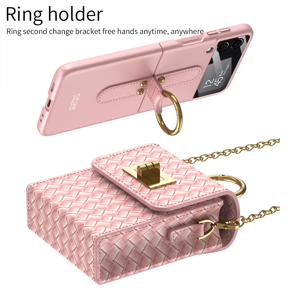 

Women's Metal Chain Woven Leather Mobile Phone Bag For Samsung Galaxy Z Flip 3 4 Ultra-thin Hard PC With Ring Case+Bag For Flip3