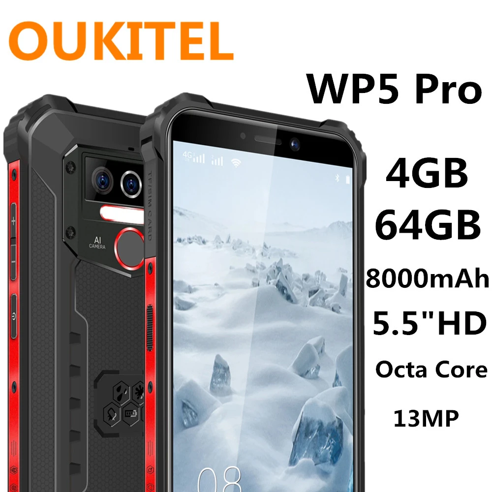 

OUKITEL WP5 Pro 8000mAh Rugged Mobile Phone 4GB + 64GB 5.5'' Android 10.0 13MP Rear Camera IP68 Waterproof Smartphone