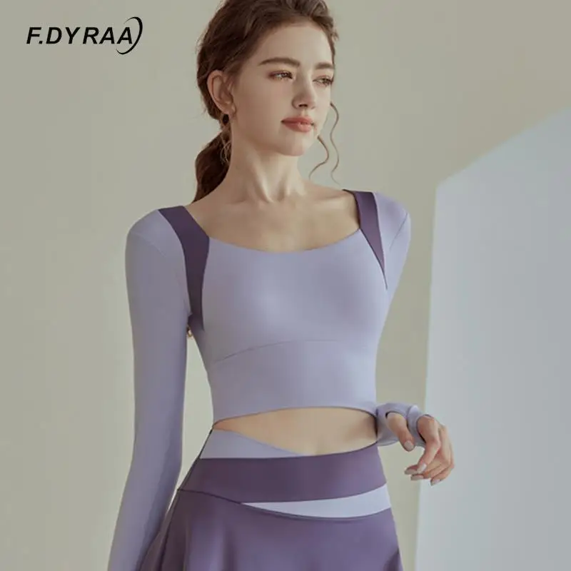 Купи F.DYRAA Women's Sports Shirt Contrast Workout Crop Tops Slim Gym Long Sleeve Yoga Shirt Fitness Running Training Tank Top 2023 за 647 рублей в магазине AliExpress