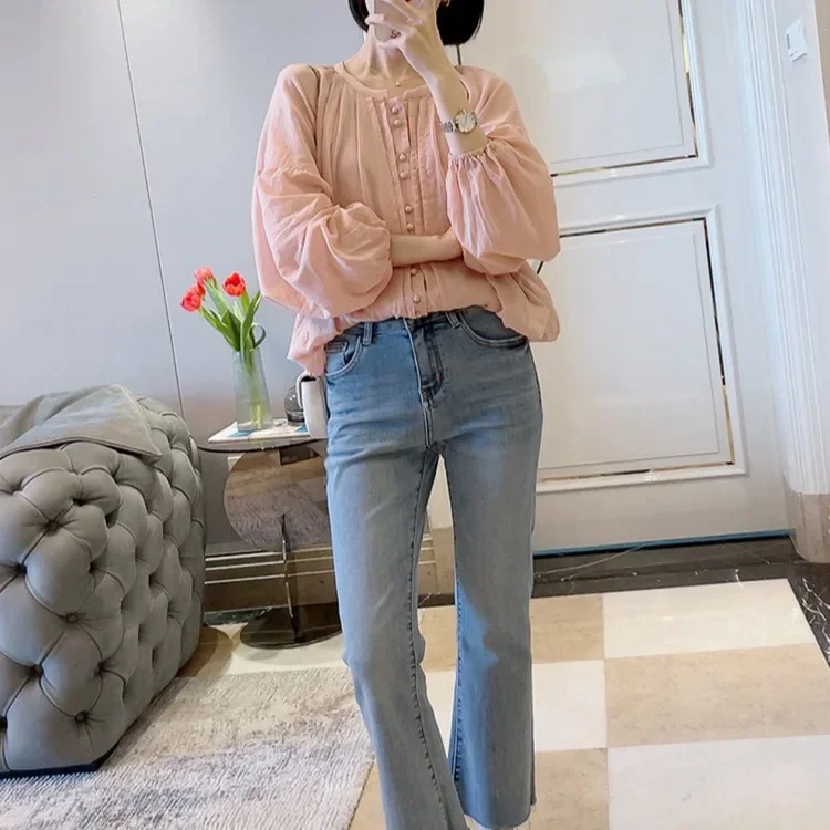 Ранняя весна ChicTopLoose-FitSweetКруглый вырез Красивая рубашка Французский стиль