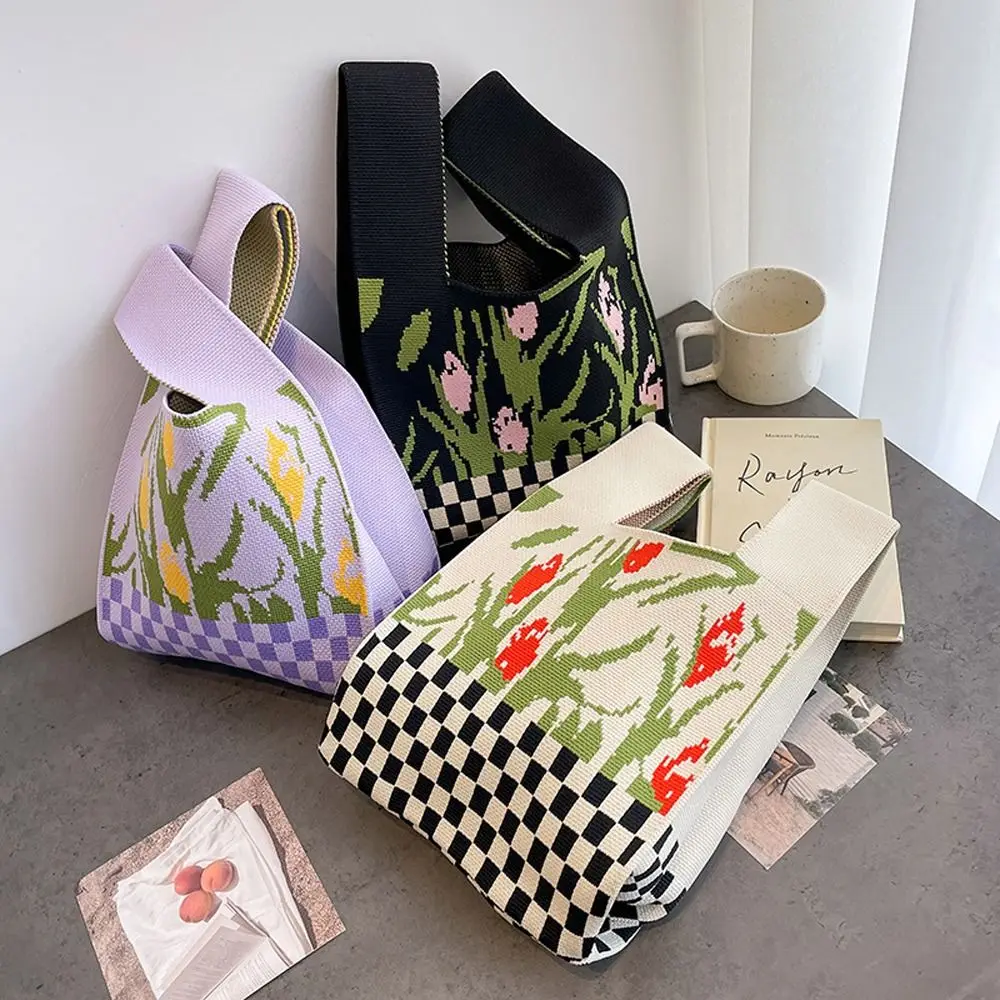 

Bag Flower Grid Lunch Bag For Women Plaid Lattice Knot Bag Tulip Knitted Wrist Bag Small Stripe Handbag Woven Tote Bag