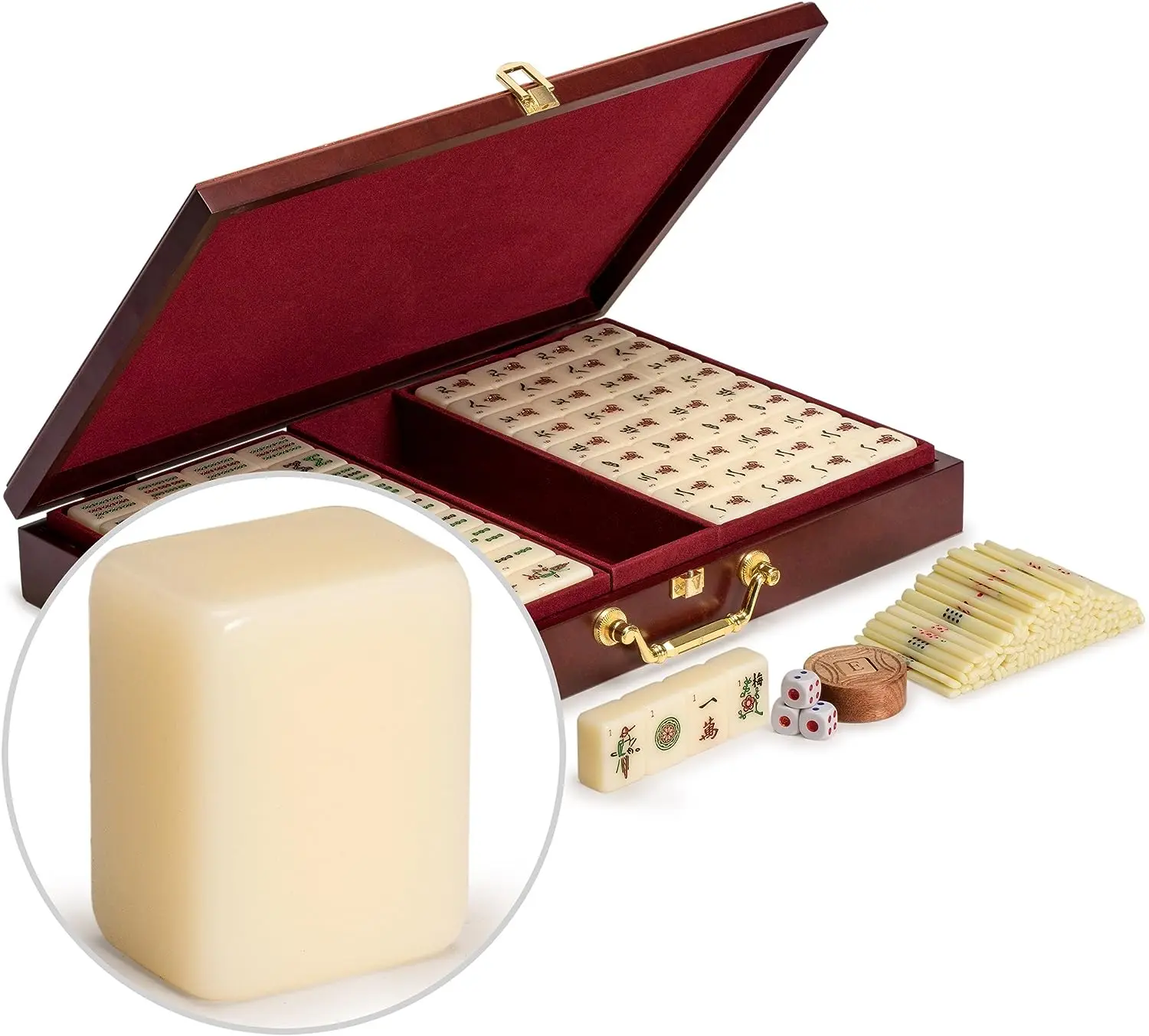 

Chinese Mahjong Set, The Classic - with 148 Medium Size Tiles, Vintage Rosewood Veneer Case, Wooden Spinner, Dice, and Betting