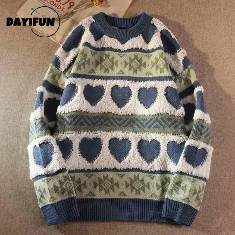 

DAYIFUN Love Jacquard Sweaters Women Vintage Loose O Neck Embroidery Knitted Pullovers Japanese Couple Soft Thicken Jumpers Lady