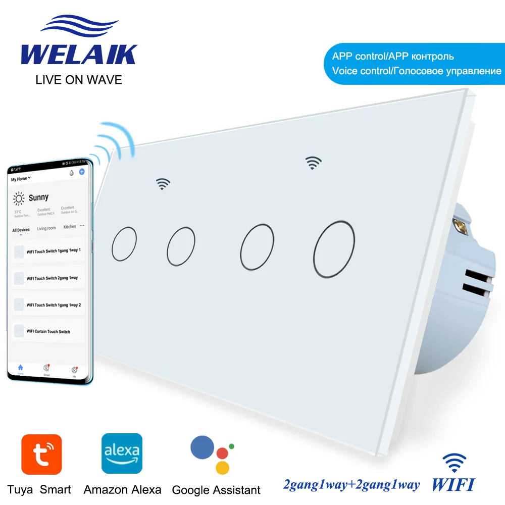 WELAIK ЕС 151*80 мм Alexa Tuya-WIFI Smart-Life-Google 2Frame 2gang1way, стеклянная панель, настенный сенсорный выключатель