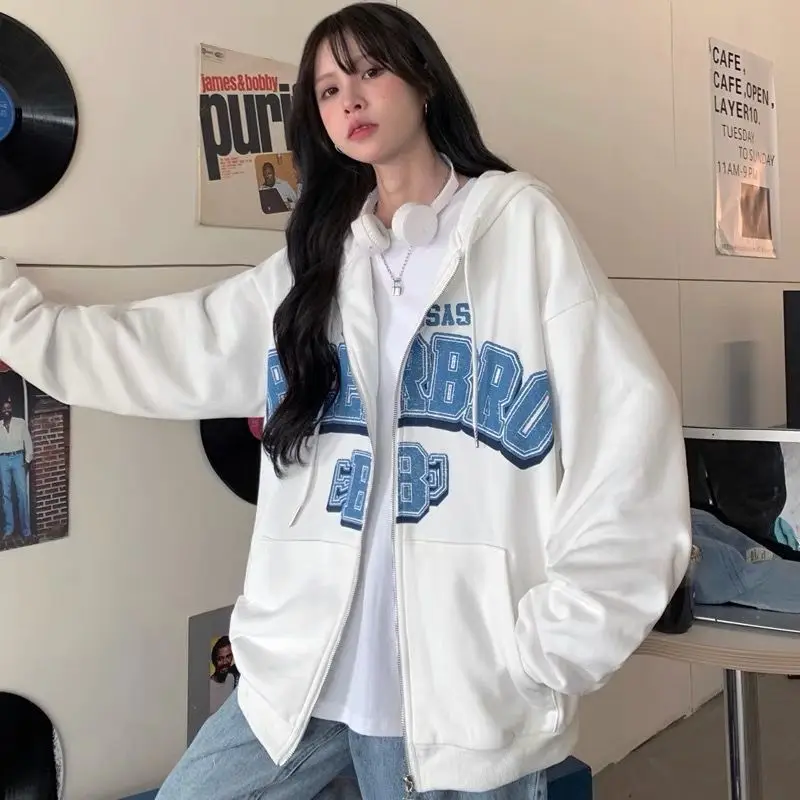 

MsPretty 2022 Spring and Autumn Women's New Sweater Oversize Hooded Thin Cardigan Coat Korean Letter Print Trend Loose Lazy Top