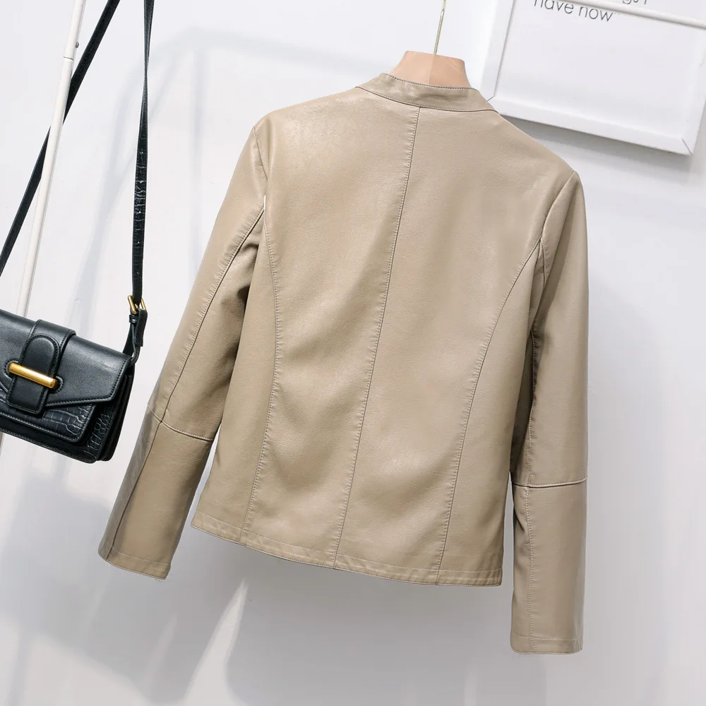 Aliexpress 2023 spring new women's collarless simple a zipper leather jacket jacket leather