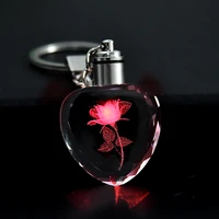 fashion colorful keyring jewelry fairy rose flower pattern love shape gift crystal rhinestone led light keychain lover key chain