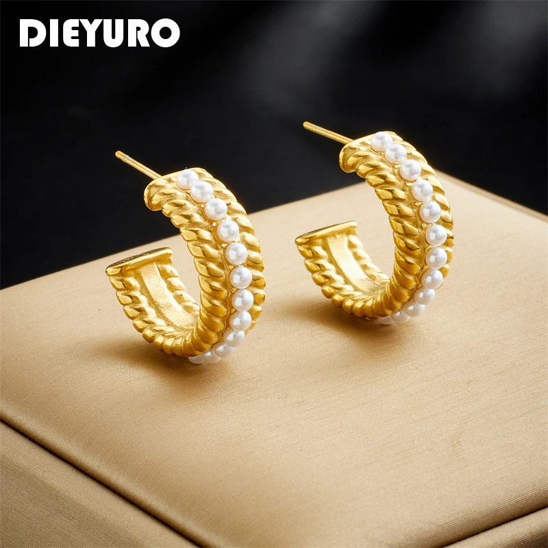 

DIEYURO 316L Stainless Steel C-shape Pearls Stud Earrings For Women Girl New Fashion Ear Needle Non-fading Jewelry Gift Серьги