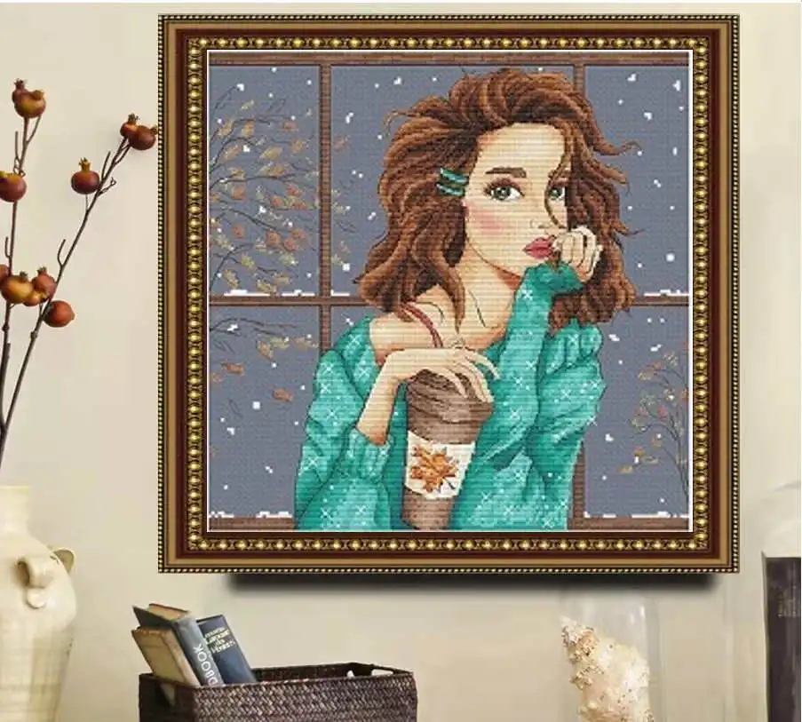 

37-37 зеленый свитер Девочка Набор для вышивки крестиком наборы для вышивки крестиком рукоделие Homfun картина крестиком украшения для дома Homefun