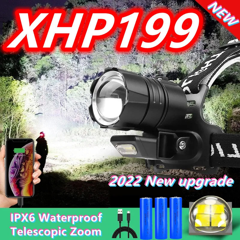 

2022 New XHP199 Powerful Rechargeable LED Headlamp 18650 Headlight USB Head Lamp Waterproof Zoom Head Light Flashlight with COB