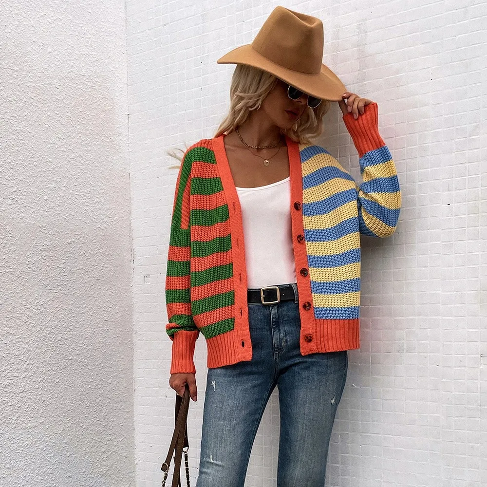 

2022 Winter Autumn Long Sleeve Knitted Stripped Women Crop Cardigan Patchwork Color Block Cropped Sweater Slim Korean Top Female